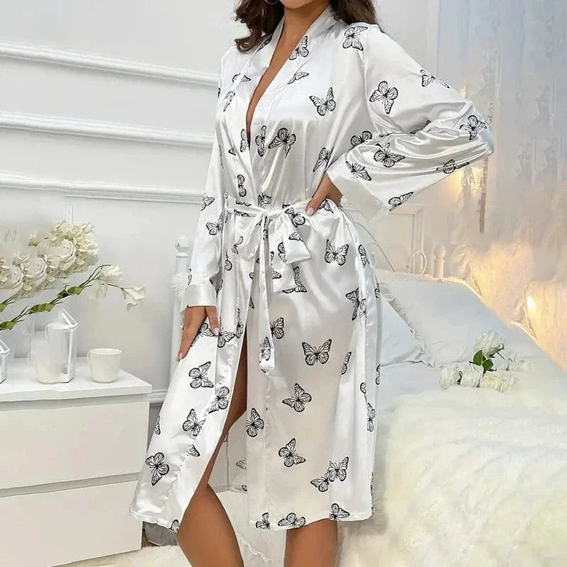 Butterfly Print Satin Kimono Robe with Tie Belt-Kimono Robe-Bellascena-bellascena