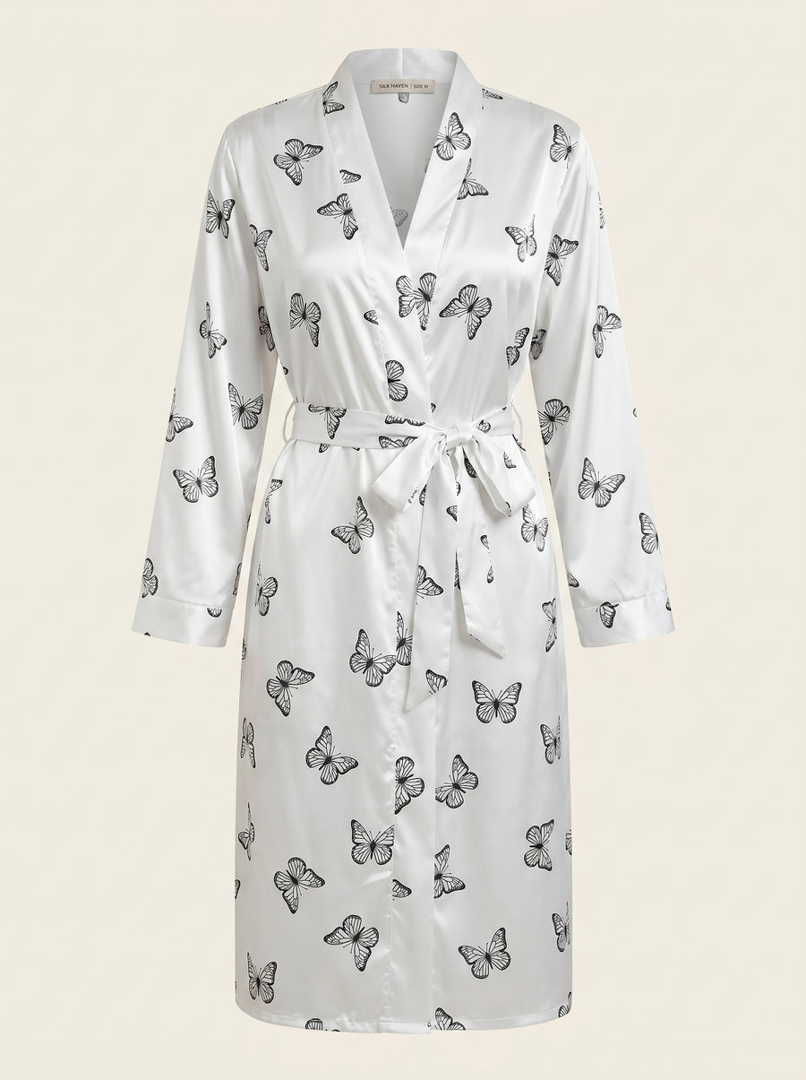 Butterfly Print Satin Kimono Robe with Tie Belt-Kimono Robe-Bellascena-bellascena