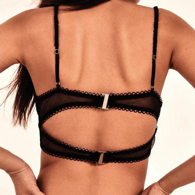Button Detail Black Lace Bra with Sheer Strappy Design-Bra-Bellascena-bellascena