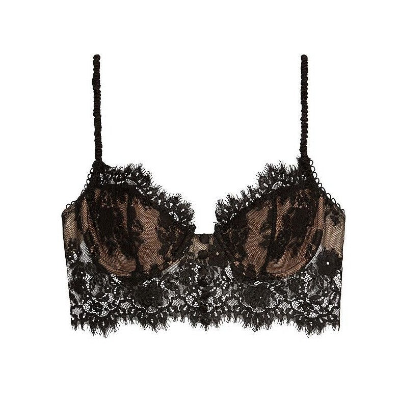 Button Detail Black Lace Bra with Sheer Strappy Design-Bra-Bellascena-bellascena