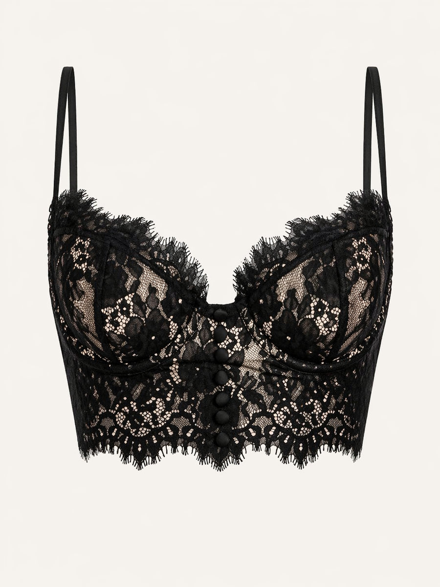 Button Detail Black Lace Bra with Sheer Strappy Design-Bra-Bellascena-Black-S-bellascena