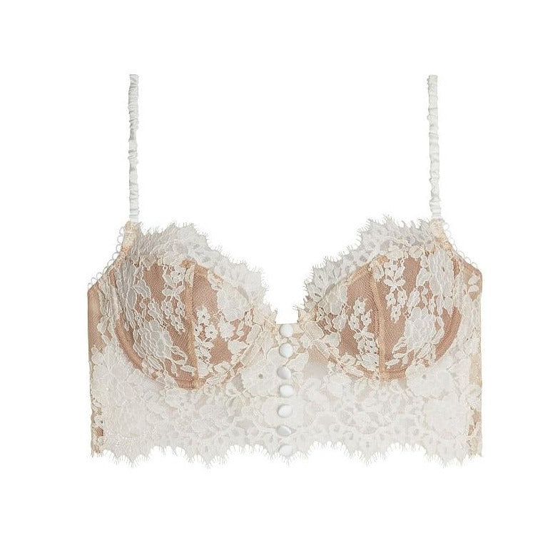 Button Detail Black Lace Bra with Sheer Strappy Design-Bra-Bellascena-White-S-bellascena