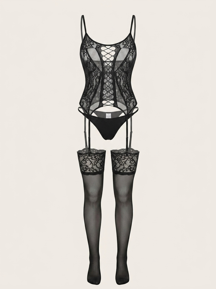 Captivating Black Lace Bodysuit with Strappy Details-Bodysuit-Bellascena-Black-bellascena