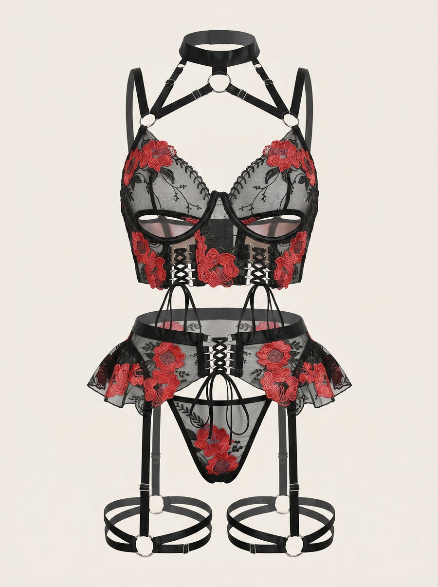 Captivating Floral Red Lace Lingerie Set with Strappy Detailing-Lingerie Set-Bellascena-bellascena