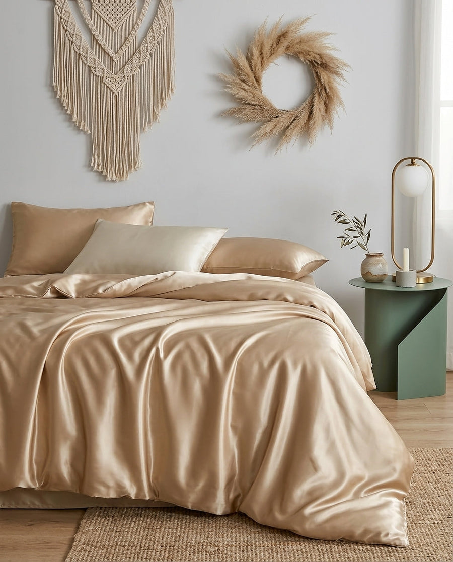 Champagne Satin Duvet Cover with Glossy Finish-Duvet Cover-Bellascena-bellascena