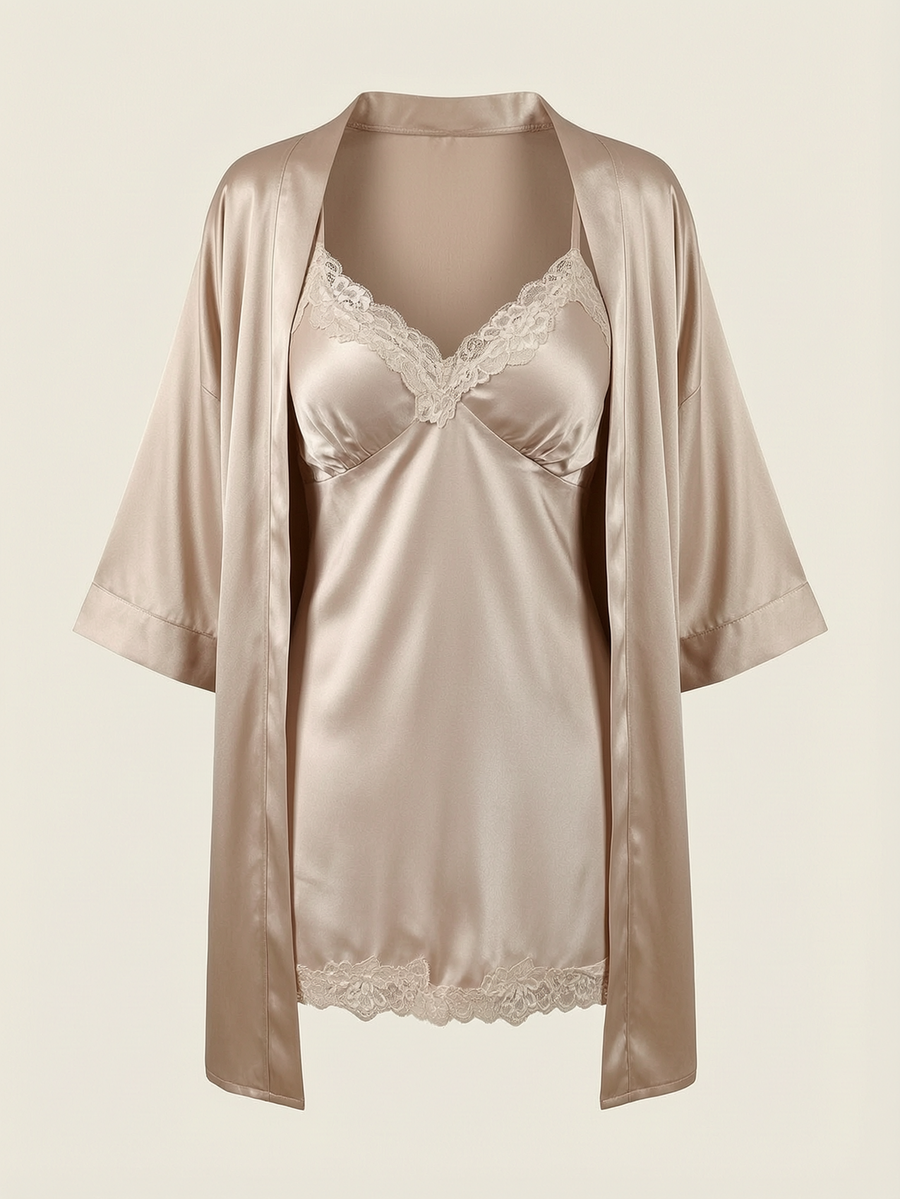 Champagne Satin Kimono Robe with Lace Trim-Kimono Robe-Bellascena-Champagne-S-bellascena