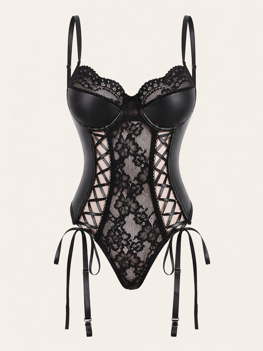 Chic Black Lace Bodysuit with Strappy Cutout Design-Bodysuit-Bellascena-Black-S-bellascena