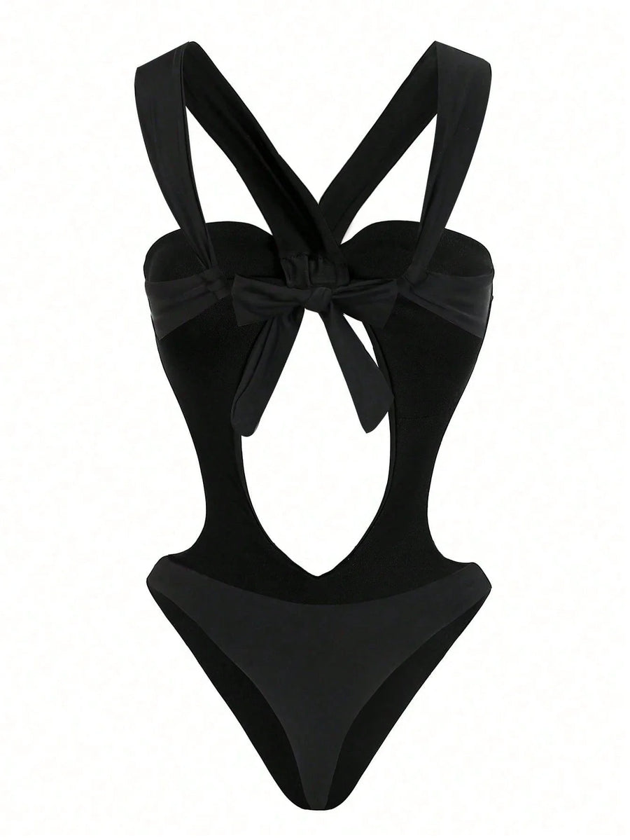 Chic Black and White Satin Bodysuit with Strappy Cutouts-Bodysuit-Bellascena-bellascena