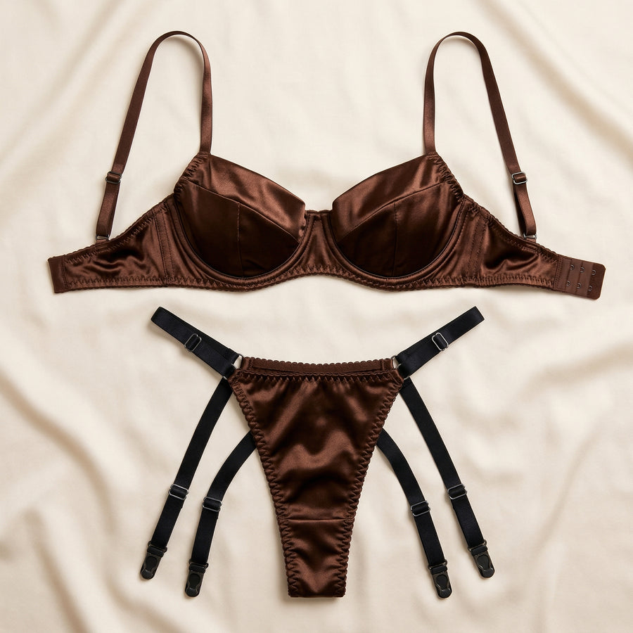 Chocolate Brown Satin Lingerie Set with Scalloped Edges-Lingerie Set-Bellascena-bellascena