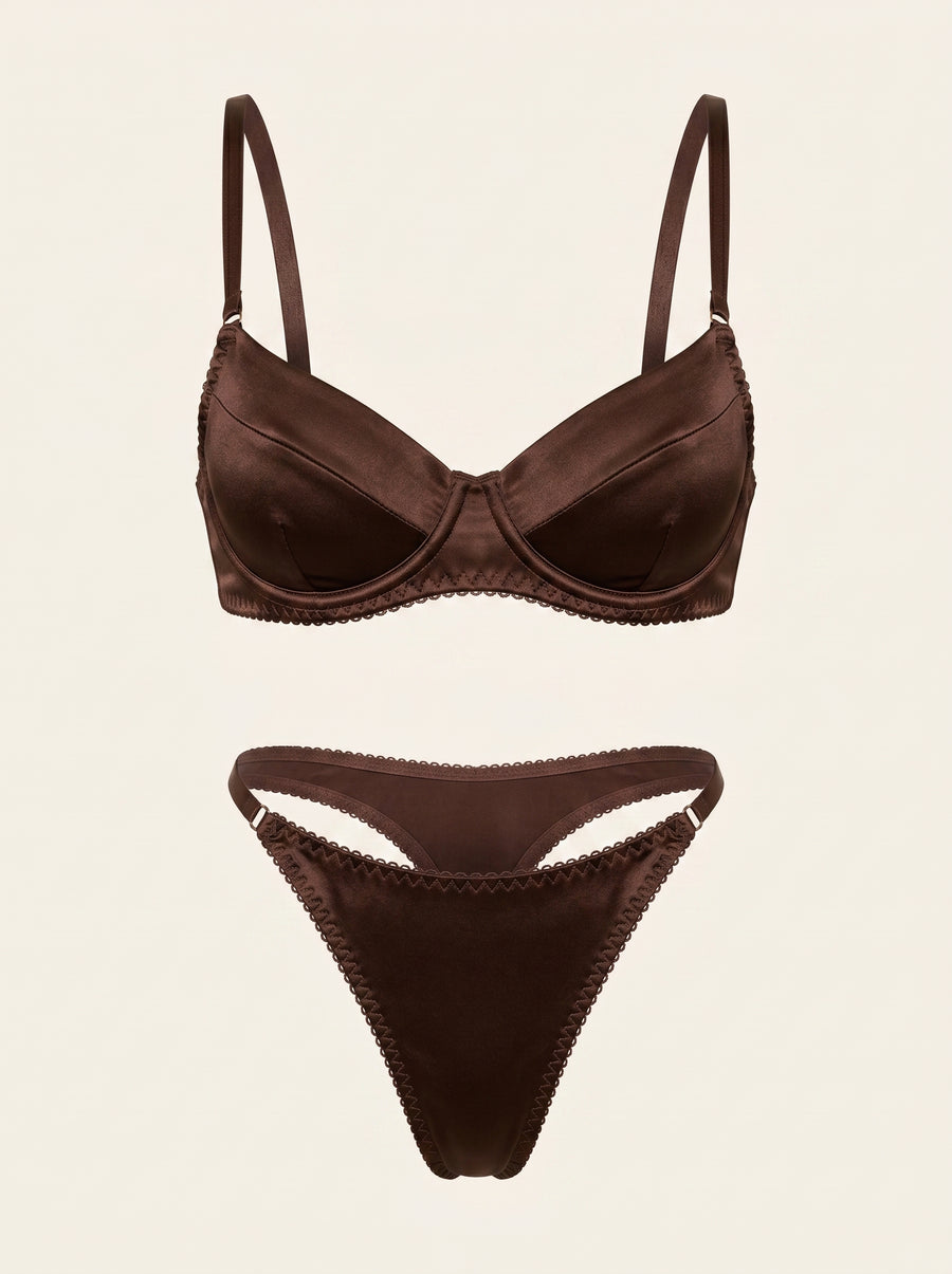 Chocolate Brown Satin Lingerie Set with Scalloped Edges-Lingerie Set-Bellascena-S-S-Brown-bellascena