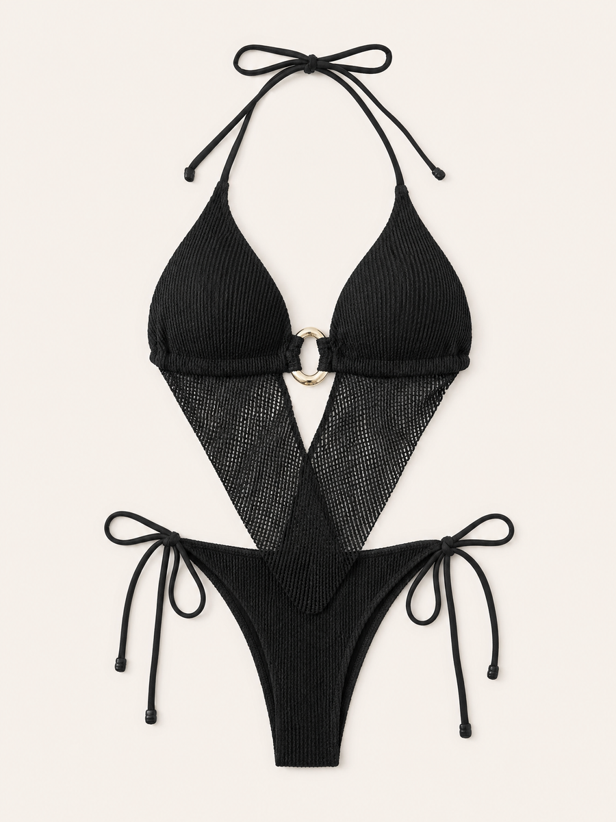 Cream Crochet Strappy Swimwear Set with Ring Detail-One-Piece Swimsuit-Bellascena-bellascena