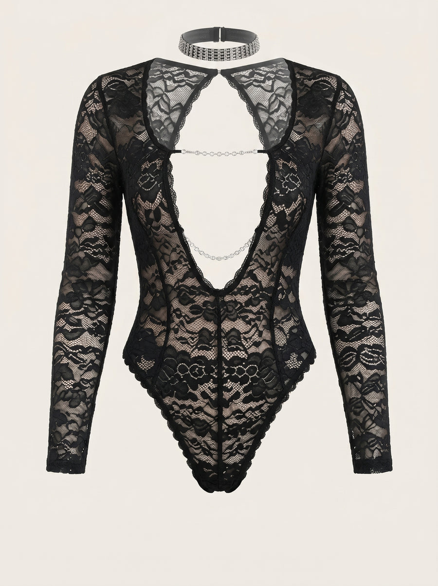 Cutout Black Lace Bodysuit with Chain Detail-Bodysuit-Bellascena-Black-S-bellascena
