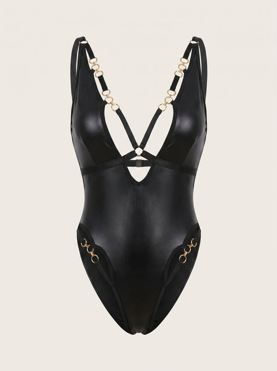 Cutout Black Satin Bodysuit with Strappy Detail-Bodysuit-Bellascena-Black-S-bellascena