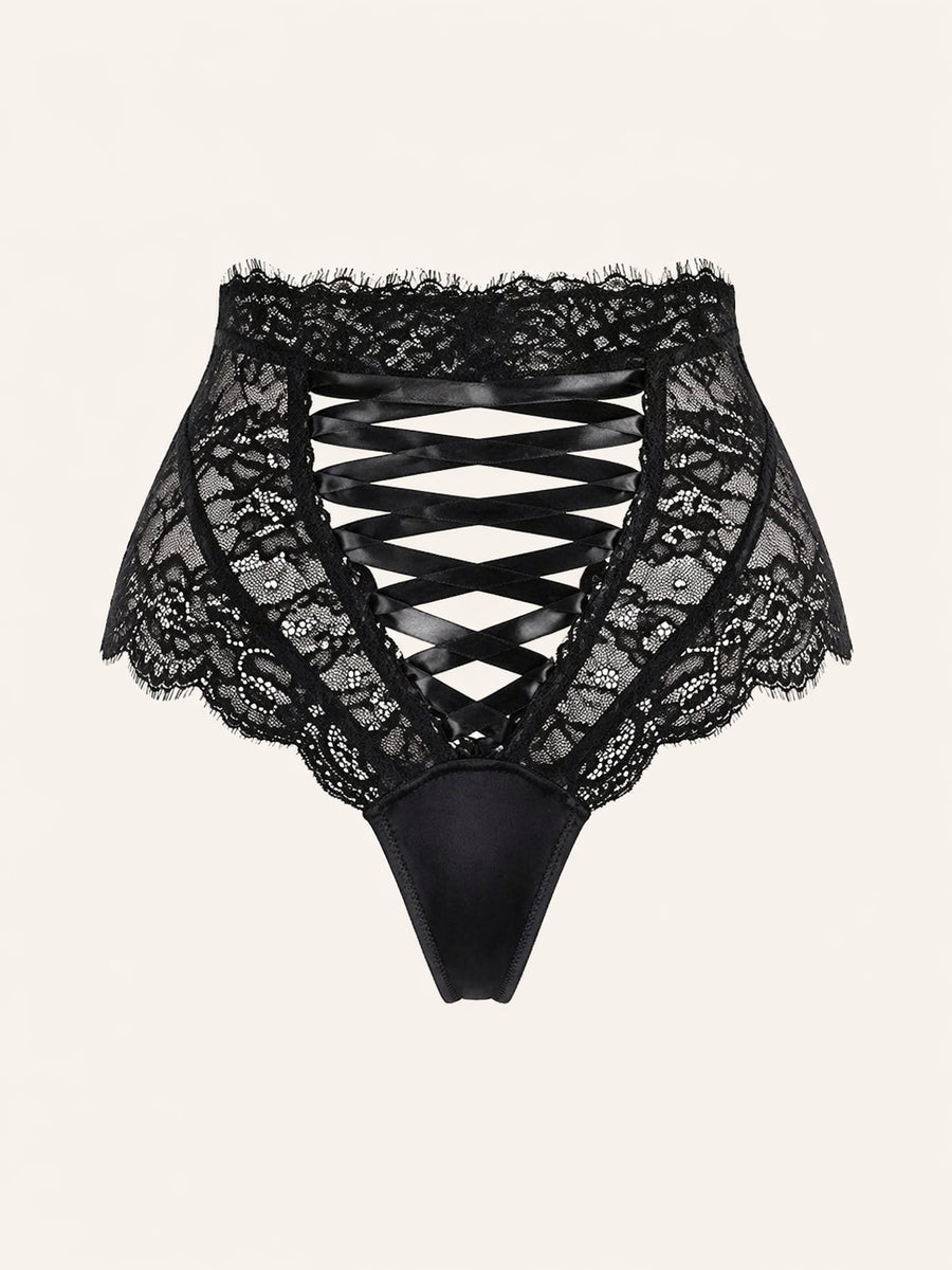 Daring Black Lace Panty with Scalloped Edges and Bow Detail-Panty-Bellascena-Black-S-bellascena