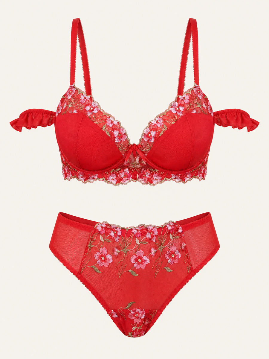 Daring Red Floral Embroidered Mesh Lingerie Set with Strappy Detail-Lingerie Set-Bellascena-Red-XL-bellascena