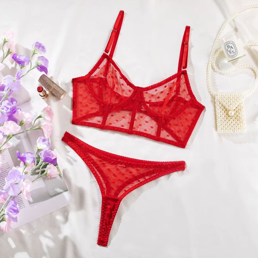 Daring Red Mesh Lingerie Set with Strappy Design-Lingerie Set-Bellascena-bellascena