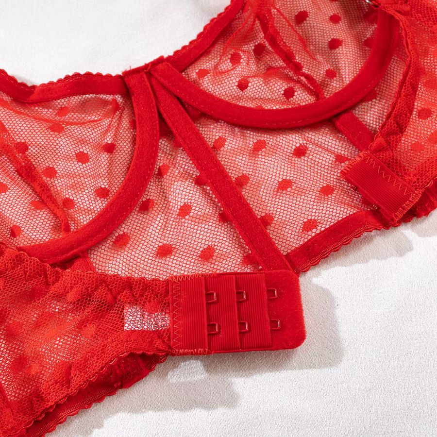 Daring Red Mesh Lingerie Set with Strappy Design-Lingerie Set-Bellascena-bellascena