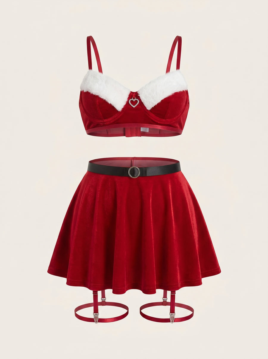 Daring Red Velvet Bodysuit with Faux Fur Trim-Bodysuit-Bellascena-S-Red-bellascena