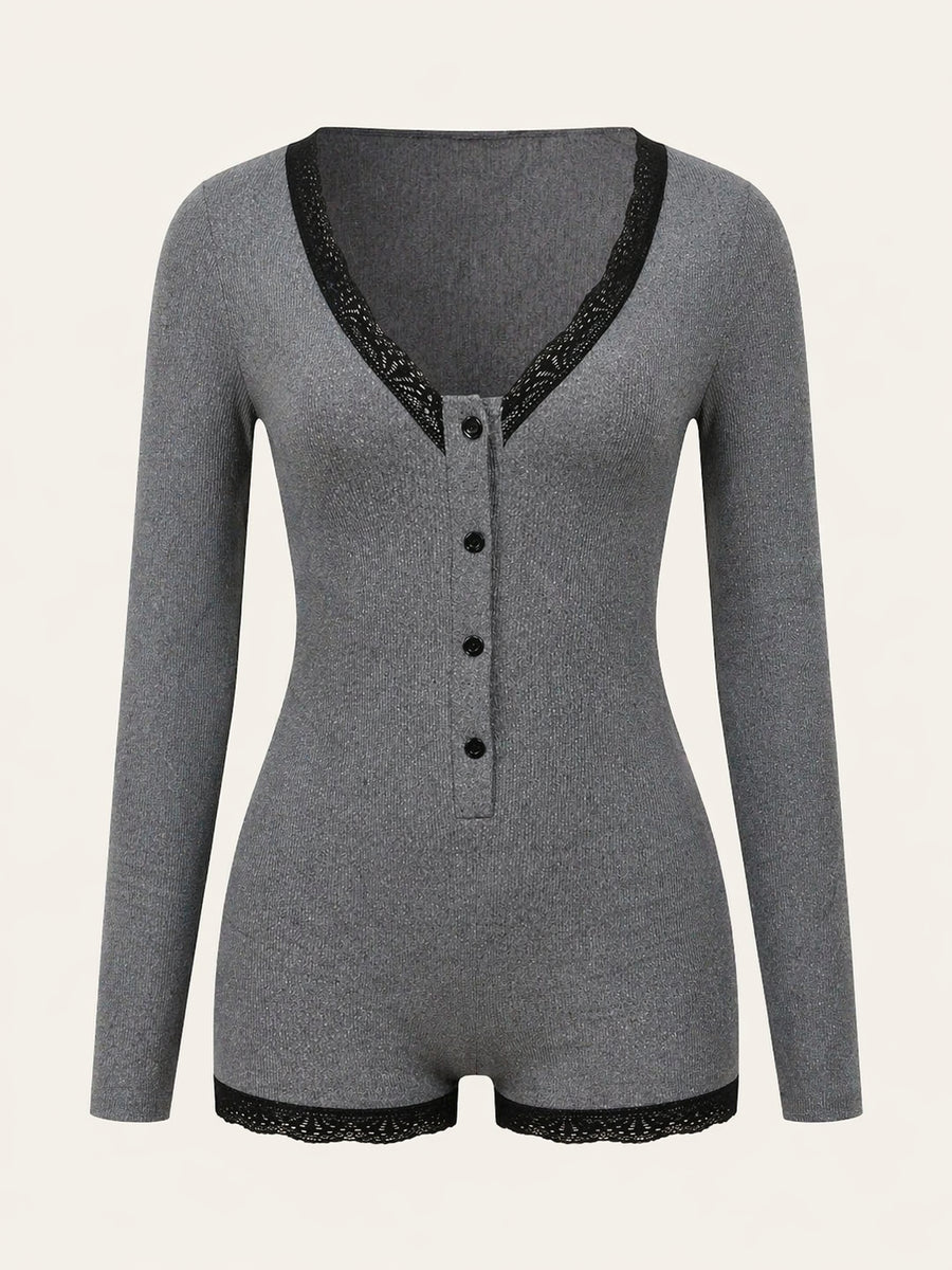 Dark Gray Cotton Sleep Playsuit with Lace Trim Detail-Pajama Set-Bellascena-bellascena