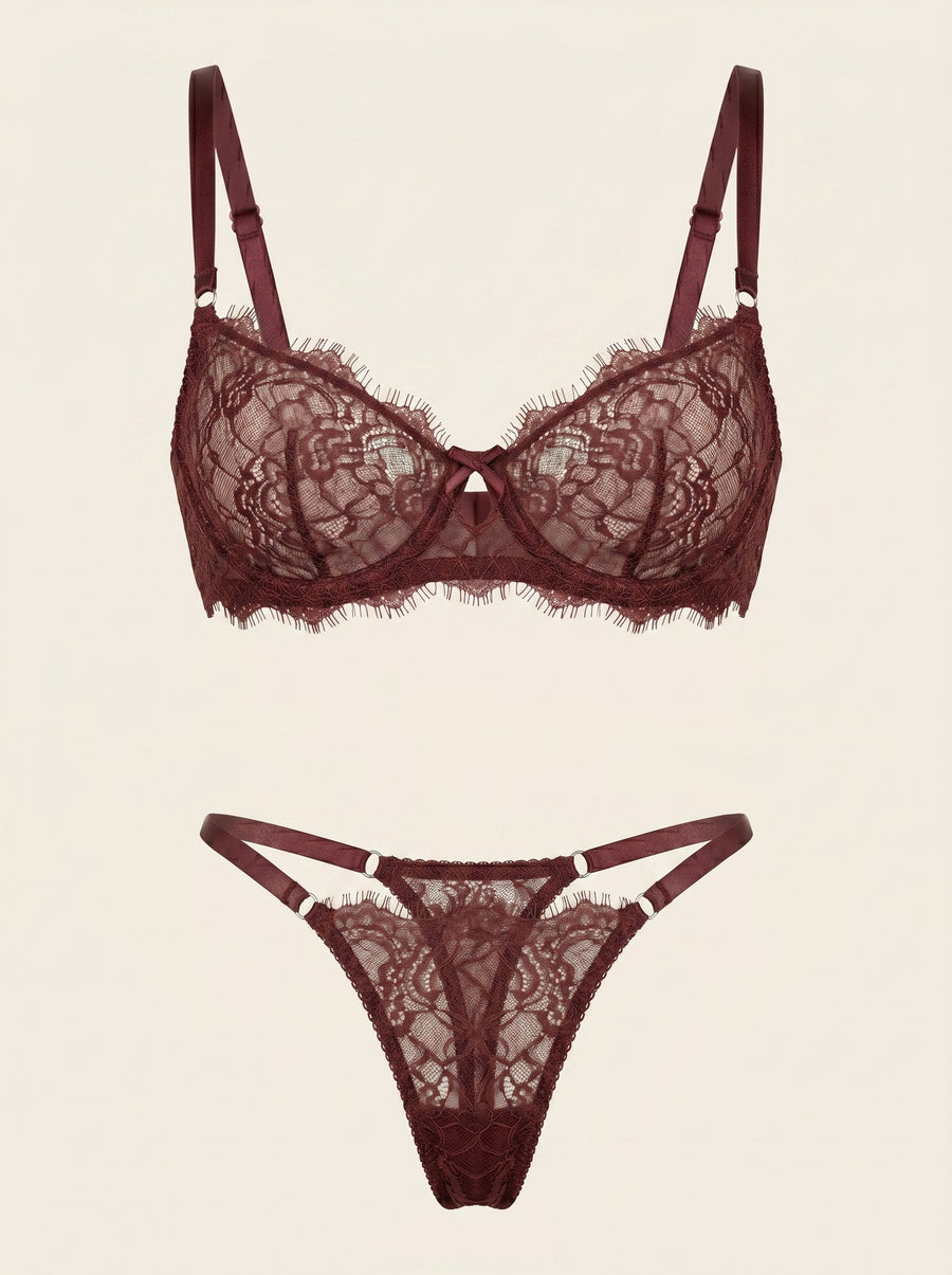 Deep Brown Lace Lingerie Set with Scalloped Edges-Lingerie Set-Bellascena-S-S-Brown-bellascena