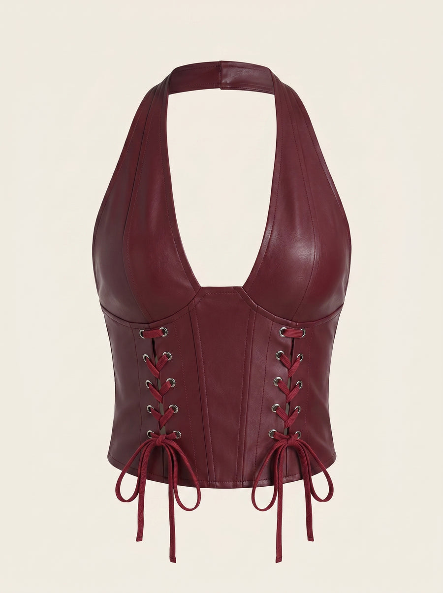 Deep Burgundy Faux Leather Crop Top with Halter Lace-Up-Corset-Bellascena-bellascena