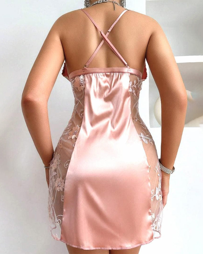 Deep Red Floral Satin Nightgown with Embroidery and Cross-Back Design-Nightgown-Bellascena-bellascena