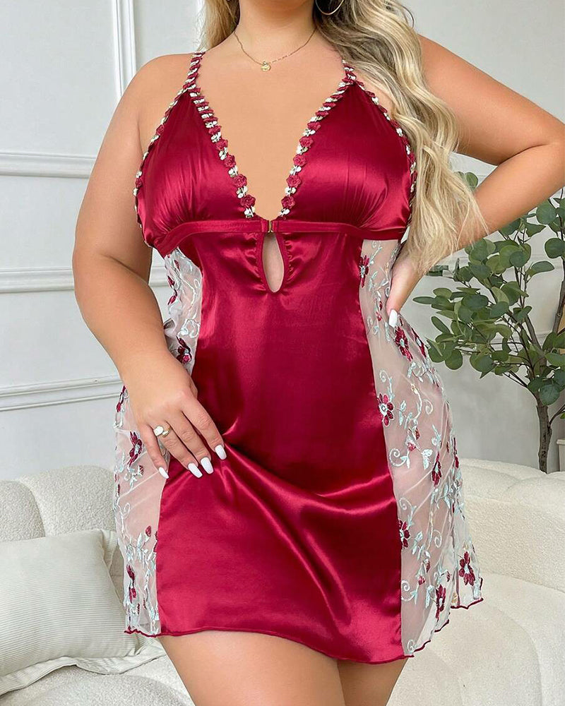 Deep Red Floral Satin Nightgown with Embroidery and Cross-Back Design-Nightgown-Bellascena-bellascena