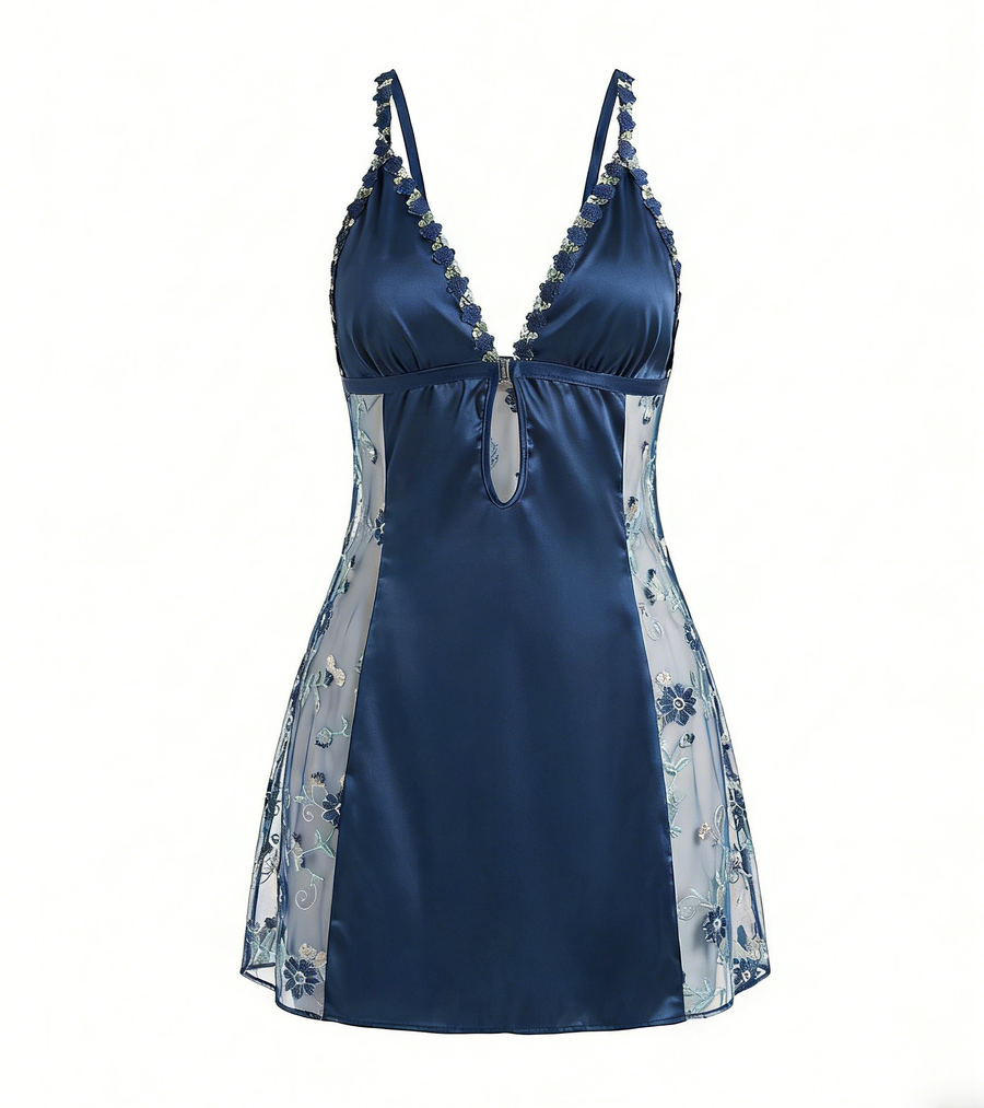 Deep Red Floral Satin Nightgown with Embroidery and Cross-Back Design-Nightgown-Bellascena-bellascena