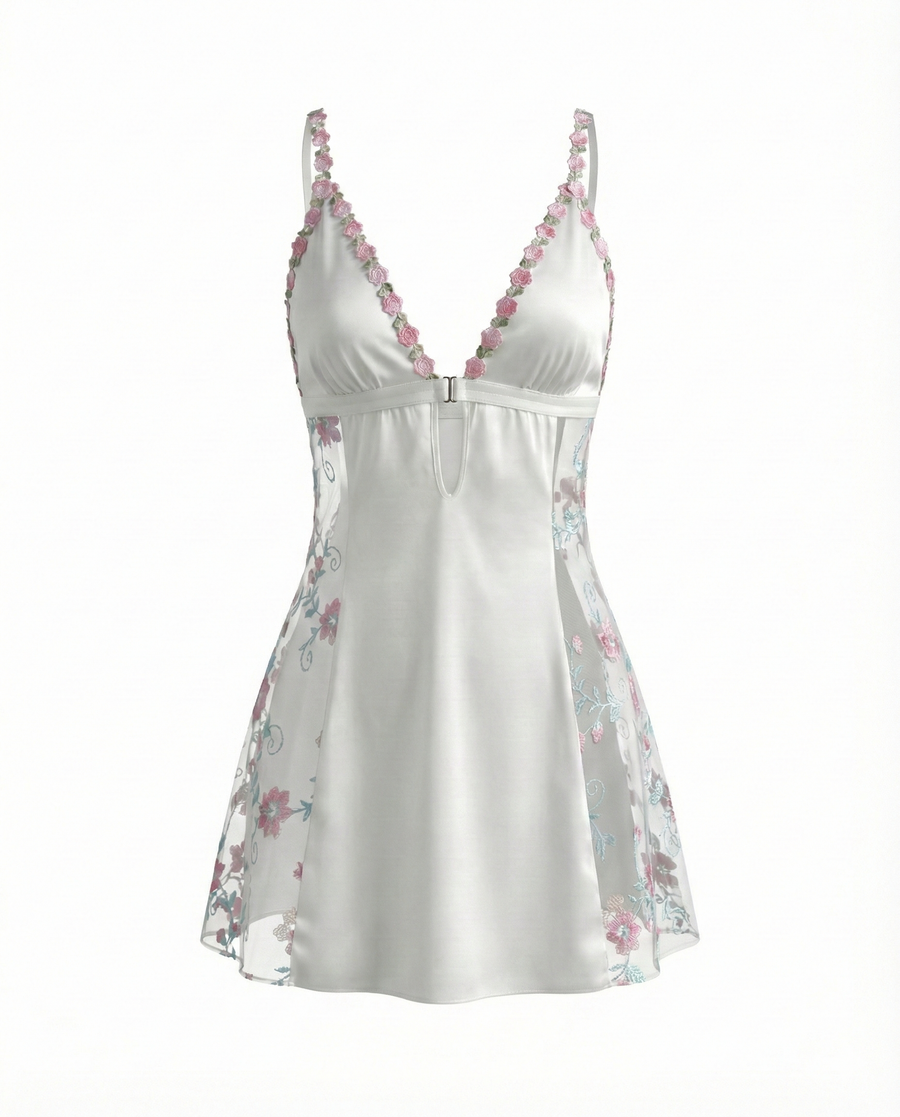 Deep Red Floral Satin Nightgown with Embroidery and Cross-Back Design-Nightgown-Bellascena-bellascena