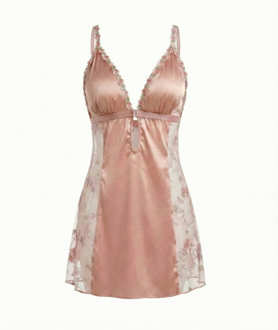 Deep Red Floral Satin Nightgown with Embroidery and Cross-Back Design-Nightgown-Bellascena-bellascena