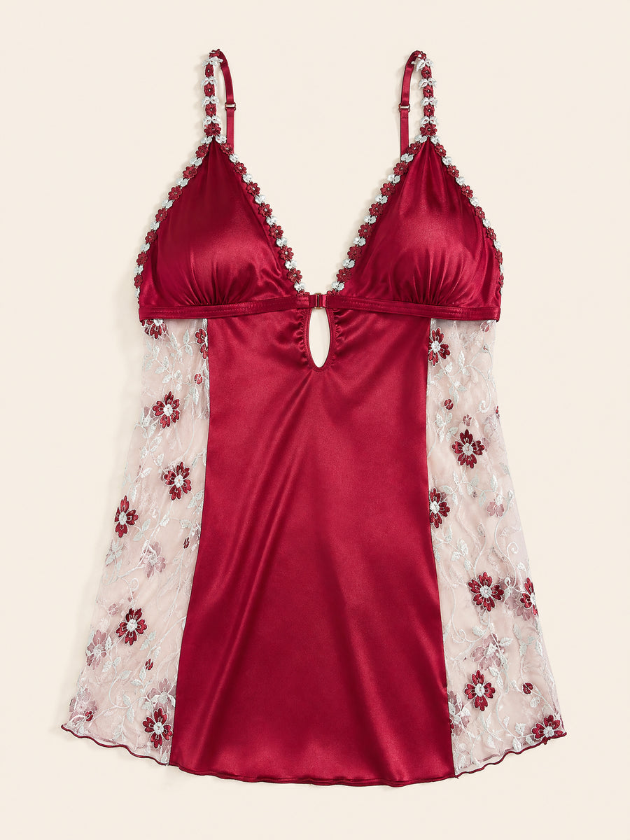 Deep Red Floral Satin Nightgown with Embroidery and Cross-Back Design-Nightgown-Bellascena-bellascena