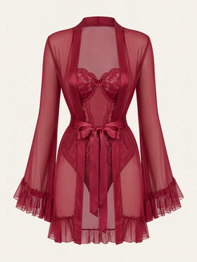 Deep Red Lace Kimono Robe with Scalloped Edges-Bodysuit-Bellascena-Wine Red-S-bellascena