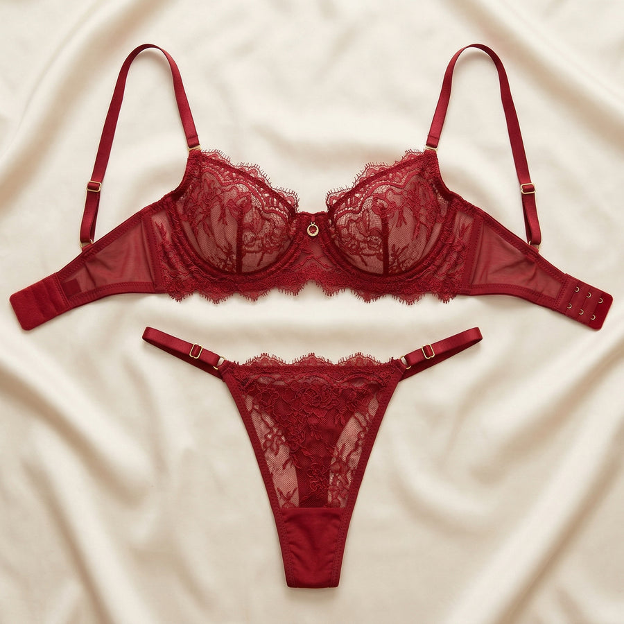 Deep Red Lace Lingerie Set with Sheer Scalloped Detail-Lingerie Set-Bellascena-bellascena