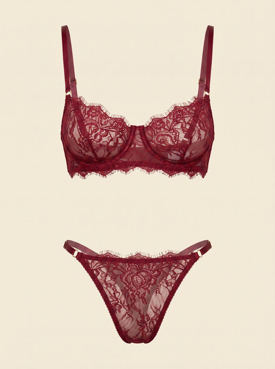 Deep Red Lace Lingerie Set with Sheer Scalloped Detail-Lingerie Set-Bellascena-bellascena