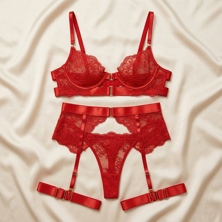 Deep Red Lace Lingerie Set with Strappy Design-Lingerie Set-Bellascena-bellascena