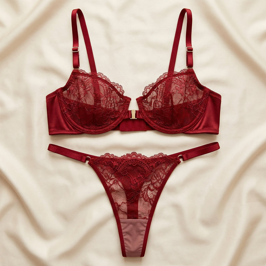 Deep Red Lace Lingerie Set with Strappy Sheer Design-Lingerie Set-Bellascena-bellascena