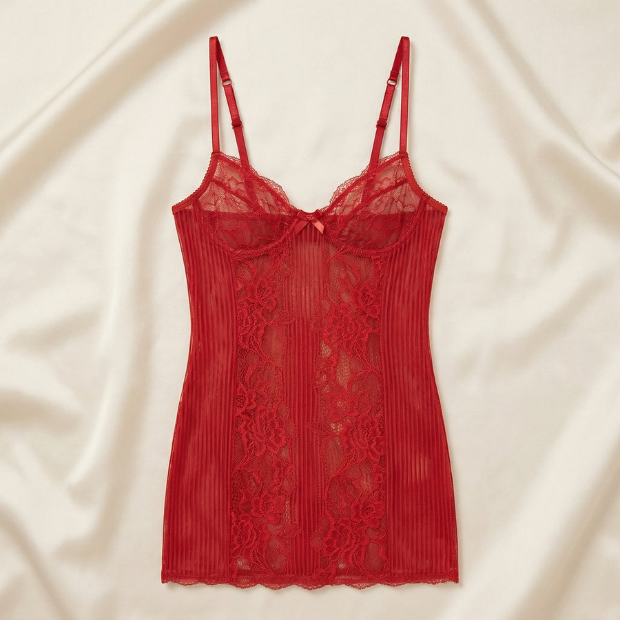 Deep Red Lace Nightgown with Sheer Elegance-Nightgown-Bellascena-bellascena