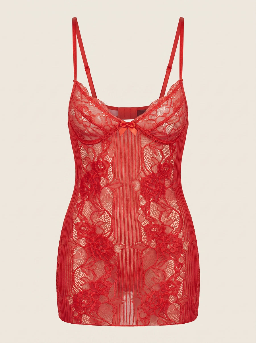 Deep Red Lace Nightgown with Sheer Elegance-Nightgown-Bellascena-Red-S-bellascena