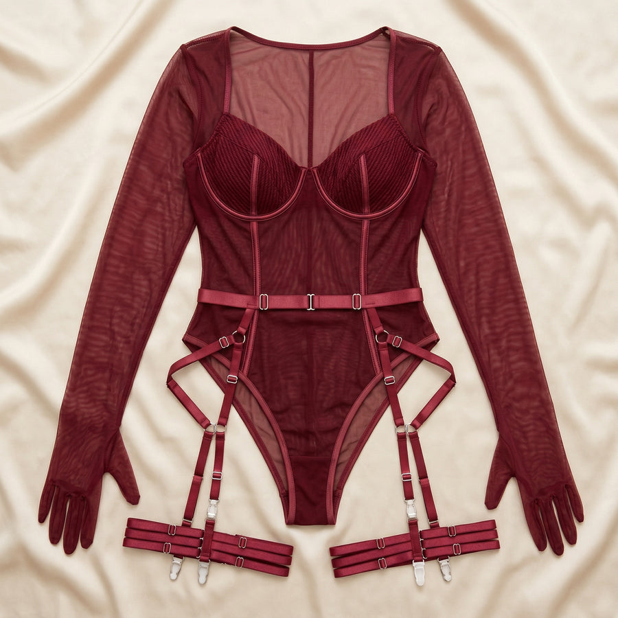 Deep Red Mesh Bodysuit with Strappy Elegance-Bodysuit-Bellascena-bellascena