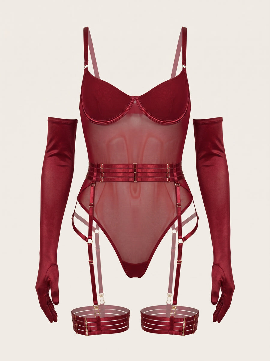 Deep Red Mesh Bodysuit with Strappy Elegance-Bodysuit-Bellascena-bellascena