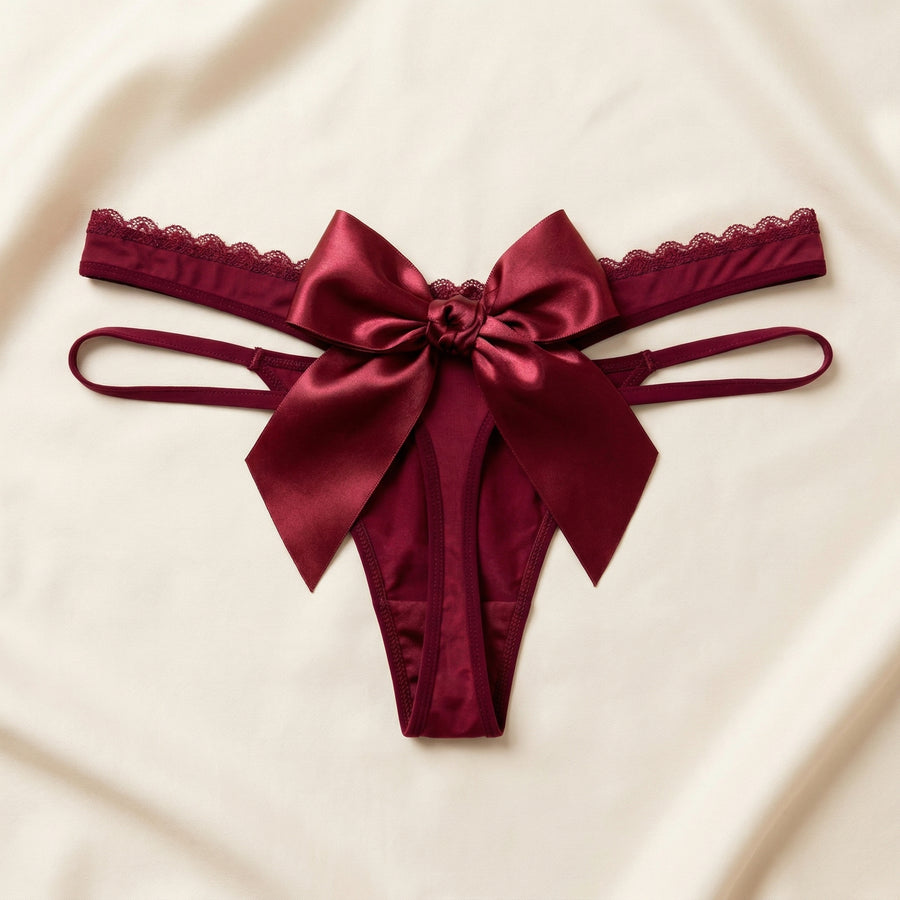 Deep Red Satin Bodysuit with Lace Trim and Bow Detail-Bodysuit-Bellascena-bellascena