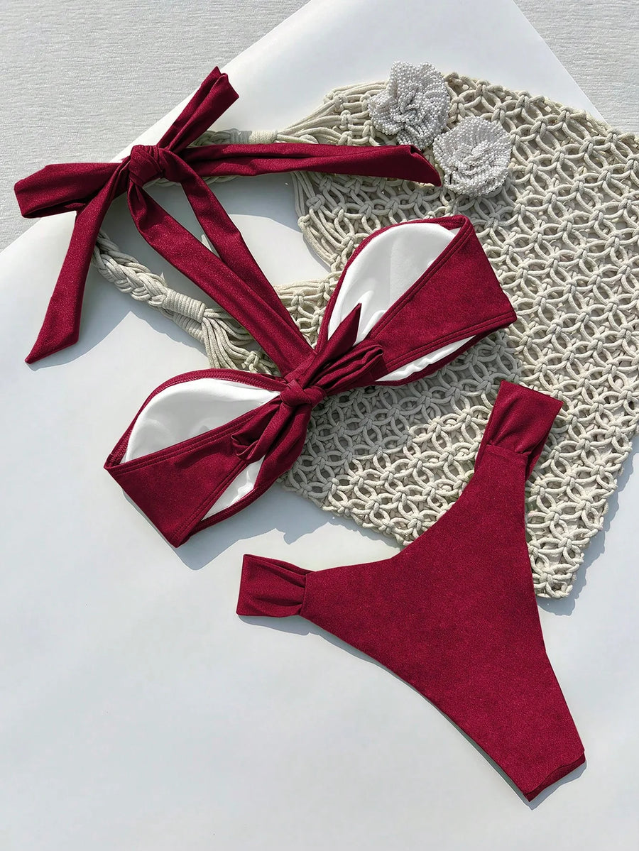 Deep Red Satin Bodysuit with Strappy Cutouts-Bodysuit-Bellascena-bellascena