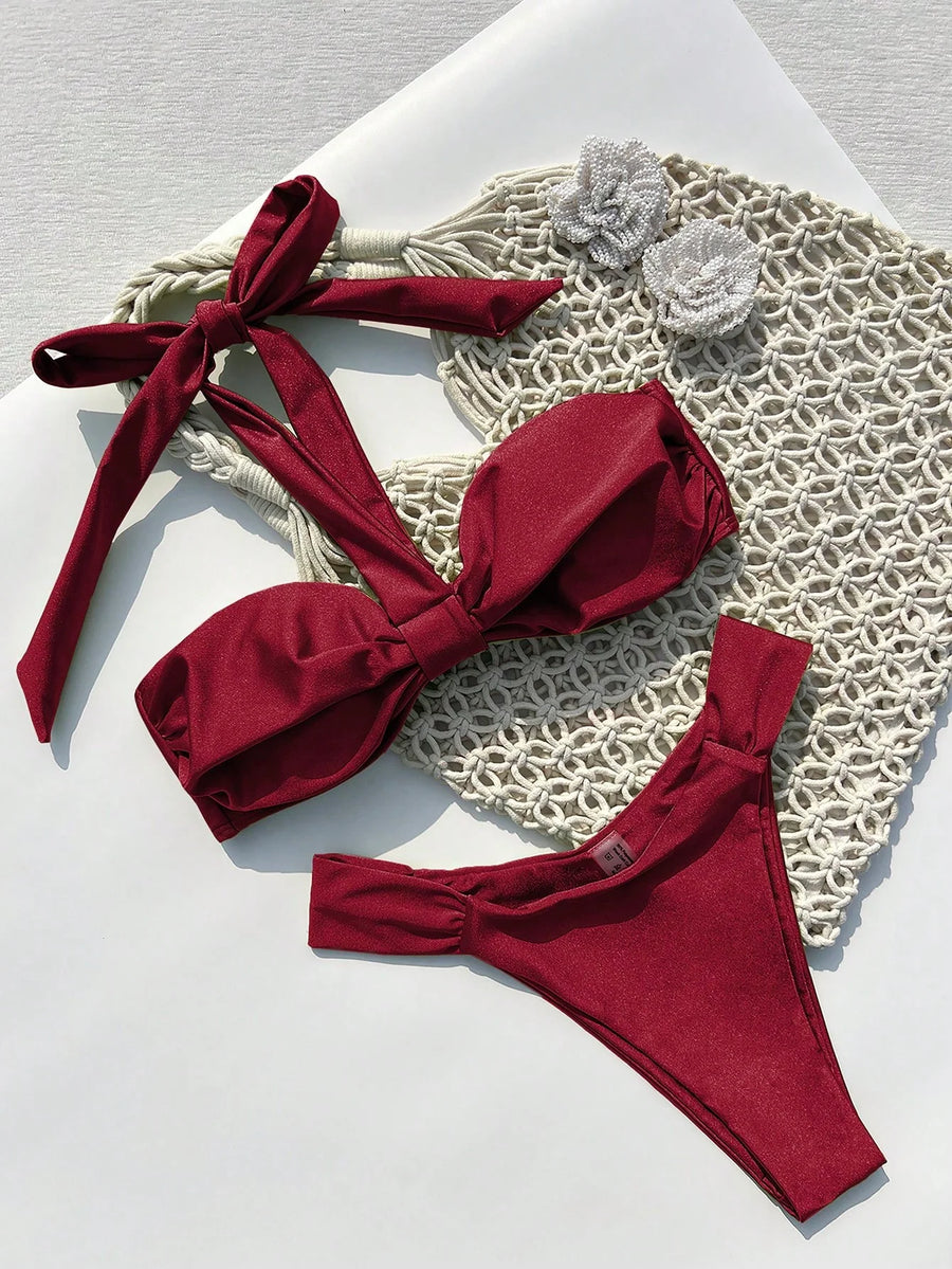 Deep Red Satin Bodysuit with Strappy Cutouts-Bodysuit-Bellascena-bellascena