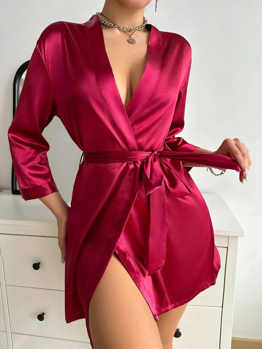 Deep Red Satin Kimono Robe with Glossy Finish-Kimono Robe-Bellascena-bellascena