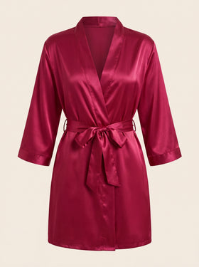 Deep Red Satin Kimono Robe with Glossy Finish-Kimono Robe-Bellascena-Bordeaux Red-S-bellascena