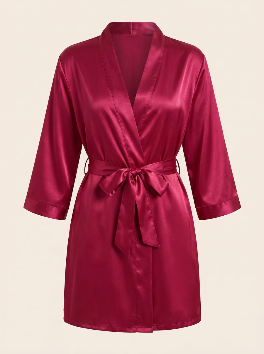 Deep Red Satin Kimono Robe with Glossy Finish-Kimono Robe-Bellascena-Bordeaux Red-S-bellascena