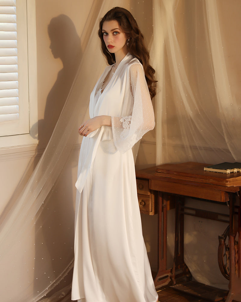 Deep Red Satin Kimono Robe with Lace Trim and Sheer Sleeves-Kimono Robe-Bellascena-bellascena