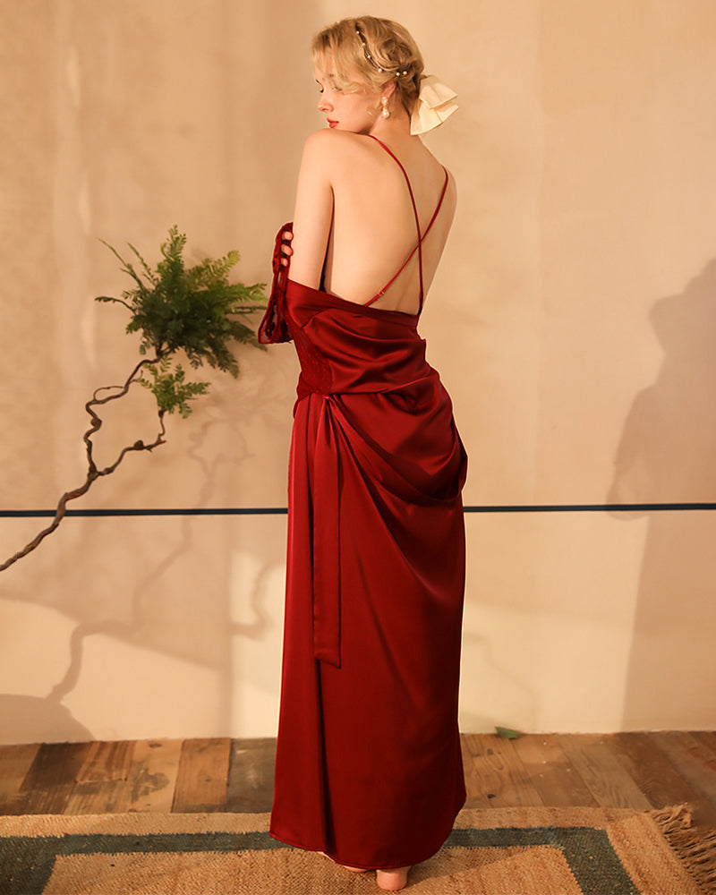 Deep Red Satin Kimono Robe with Lace Trim and Sheer Sleeves-Kimono Robe-Bellascena-bellascena