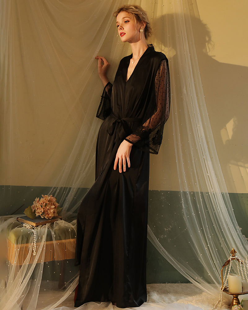 Deep Red Satin Kimono Robe with Lace Trim and Sheer Sleeves-Kimono Robe-Bellascena-bellascena