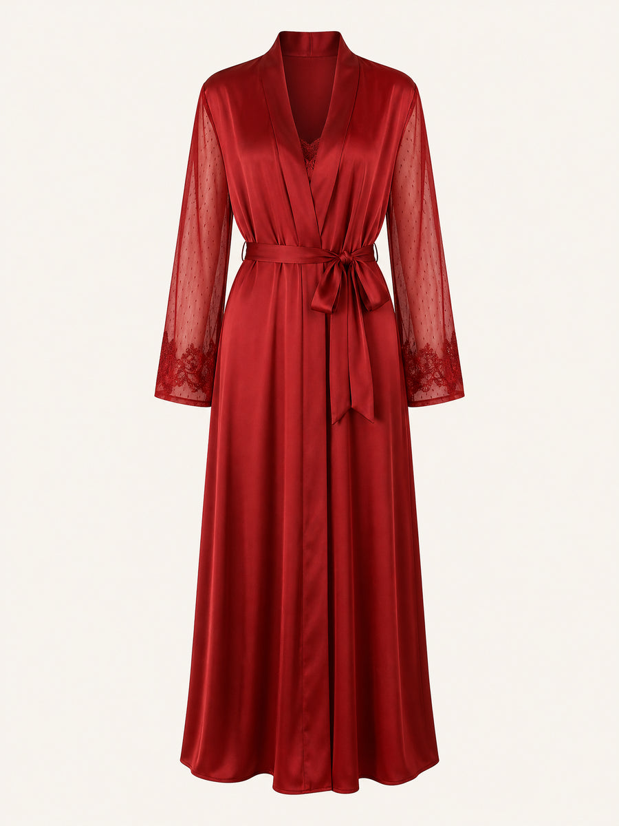 Deep Red Satin Kimono Robe with Lace Trim and Sheer Sleeves-Kimono Robe-Bellascena-Wine Red-S-bellascena